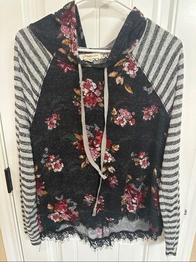 Rewind Black Floral Lace-Trim Striped Sleeve Hoodie